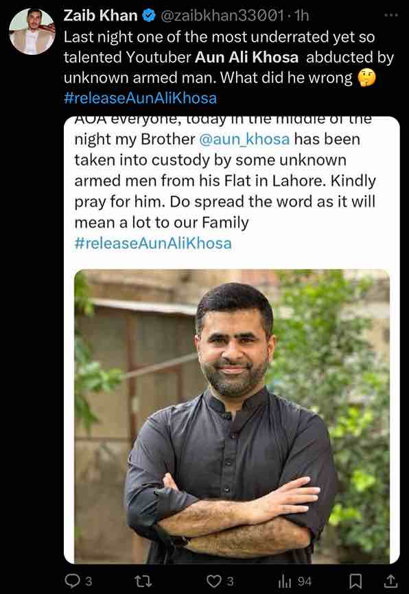 Who Is Aun Ali Khosa And Why He Has Been Abducted?